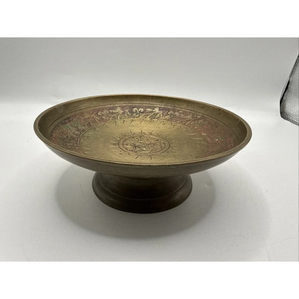 Vintage Brass Pedestal Footed Candy/Trinket Dish‎ Floral Engraved Made in India